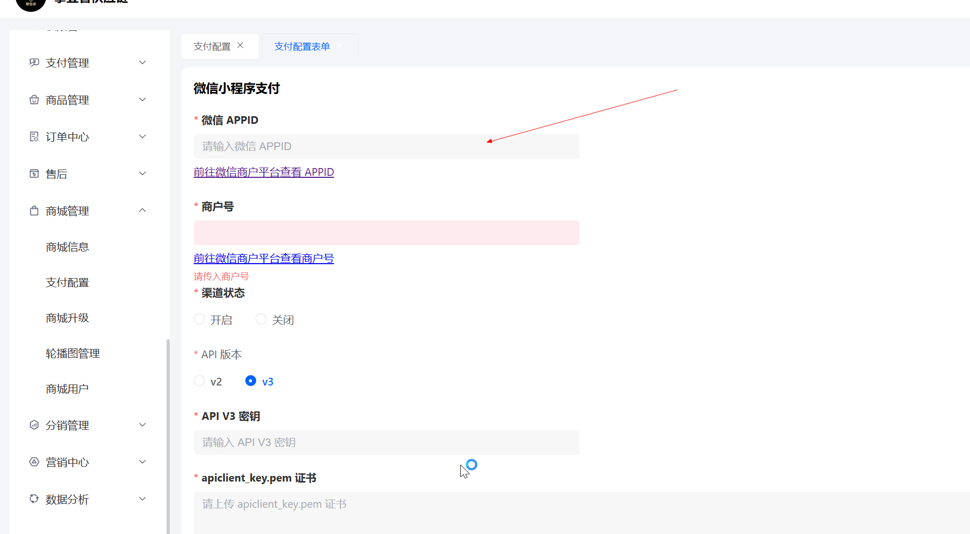 网站后台-微信支付配置入口